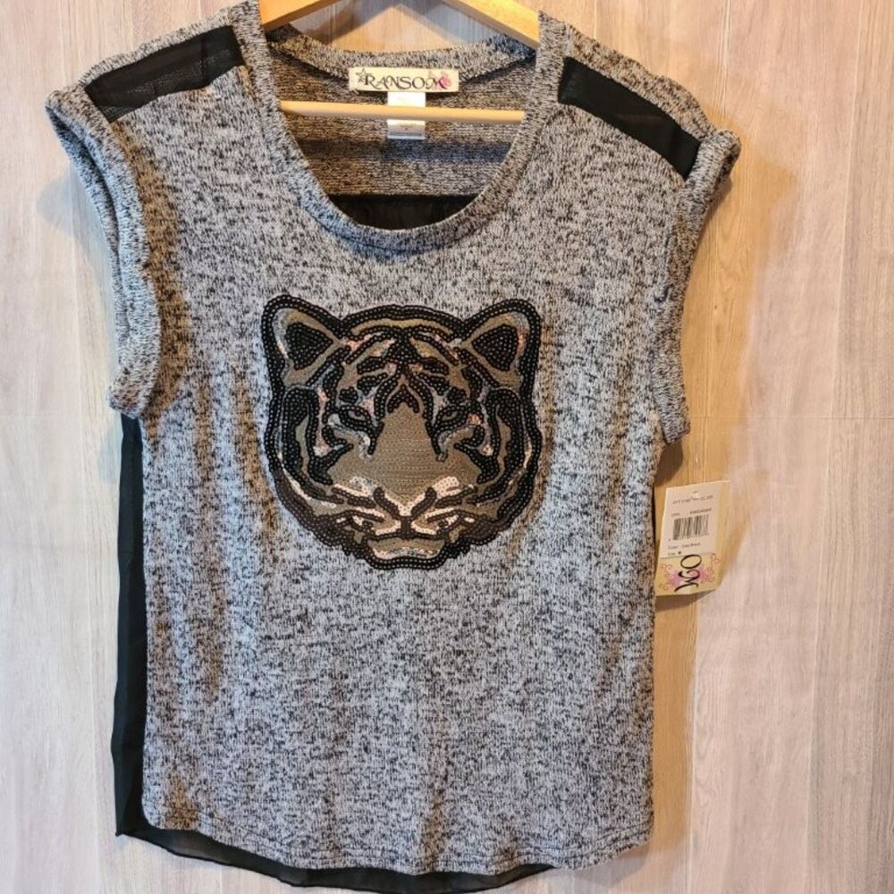 Ransom Womens Medium Gray Black Sequin Tiger Sheer Mesh Back Sleeveless Top NWT